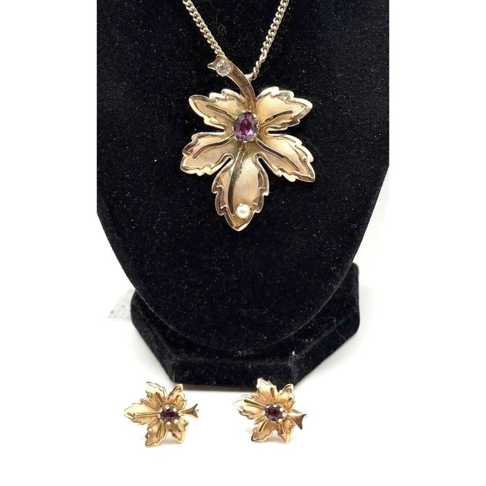 Vintage Gold Leaf Purple Rhinestone Pearl Accent Necklace Earrings Set
